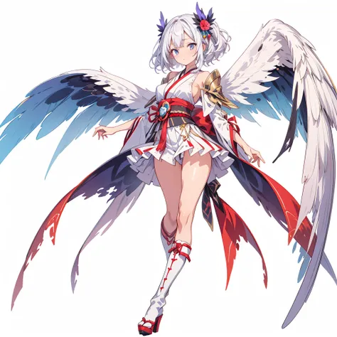 (masterpiece, Highest quality), (perfect athletic body:1.2), (Thin Hair), 非常にdetailedな, Anime Style, whole body, alone,  Gothloli kimono, Fairy Wings,Magical girl、Magic giant wand、  White hair and brown skin, High Boots,Floating in the blue sky, High heel ...