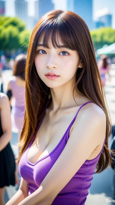 (best quality, 8k, 32k, masterpiece, UHD:1.2), ultra high resolution, (pretty a Korean early teen girl), 13 years old, portrait, beautiful detailed eyes, semi long brown fluffy hair, bangs, (wearing purple tank-top), large breasts, cleavage, (crowded city ...