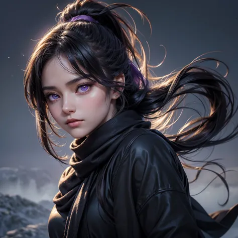 Create a high-quality, detailed anime-style image of a young woman with long, dark hair in a ponytail and violet eyes. She wears a dark scarf and has a calm, serious expression. A glowing, ethereal butterfly hovers near her face, illuminating her features ...