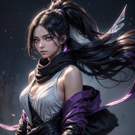 Create a high-quality, detailed anime-style image of a young woman with long, dark hair in a ponytail and violet eyes. She wears a dark scarf and has a calm, serious expression. A glowing, ethereal butterfly hovers near her face, illuminating her features ...