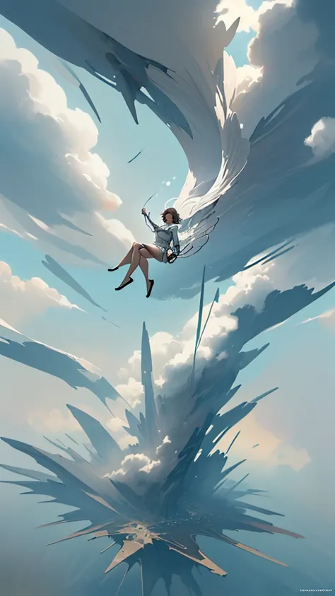 Close-up of a person flying through a cloudy sky, Concept art inspired by Cyril Rolland, Trending on CGSociety, surrealism, Floating in the sky, Floating in the sky, She&#39;s getting closer to heaven, Beep and james jean, Cyril Rolland style, realism | Be...