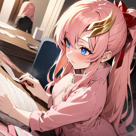 ((Highest quality)), ((masterpiece)), (detailed), （Perfect Face）、The woman is Lacus Clyne, a blue-eyed, pink-haired girl with medium-long hair and a hair accessory and an engagement ring. She is the beloved wife of Orpheus Ram-Tao.、The woman is holding her...