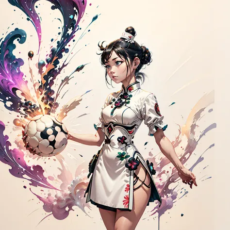 Girl, white qipao, black hair, bun 
