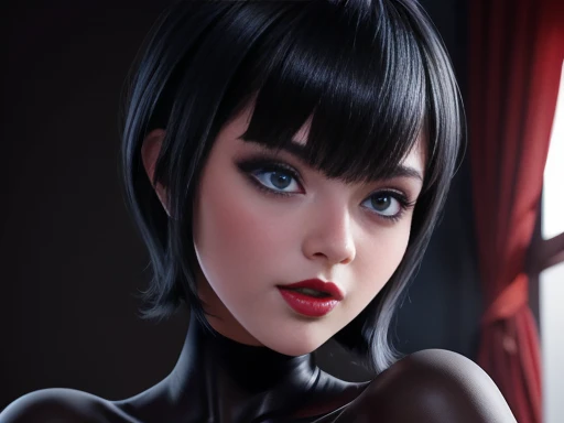 Beautiful girl short black hair, blue eyes, White skin , black manicure and voluminous red lips, body,beautiful and perfectly detailed,  NSFW ,Image 1.2 high resolution 12k gotich makeup fanart Stunning wallpaper 