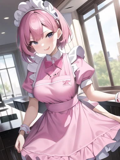 8k, masterpiece, Cute solo 1 girl, Maid, Big smile, Short girl, Pink Dress, White apron, Vibrant, Vivid, dynamic 