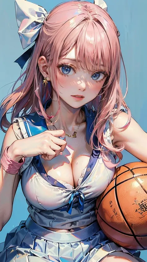 ((Highest quality, 8k, masterpiece :1.3)), (Sharp focus :1.2, Beautiful woman with perfect figure :1.4, Slim Abs), ((Big Breasts, Emphasize cleavage:1.2)), (Photorealistic:1.4), (realistic:1.4), (Pink Hair:1.5), Highly detailed face and skin texture, Fine ...