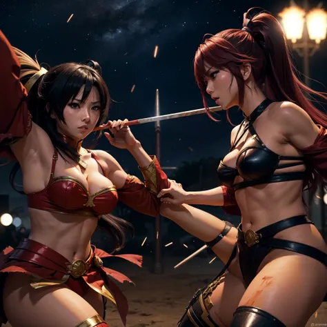 Two very sexy Warrior anime girls in sexy Filipino outfits clash attack sticks in a battlefield at night with each other 