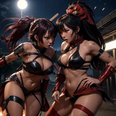 Two very sexy Warrior anime girls in sexy Filipino outfits clash attack sticks in a battlefield at night with each other 