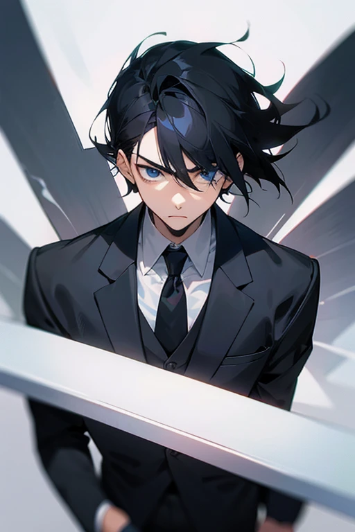 a young man with black hair wearing a suit. anime style. he has a sad face.