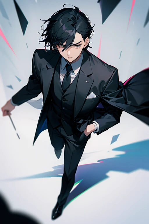 a young man with black hair wearing a suit. anime style. he has a sad face.