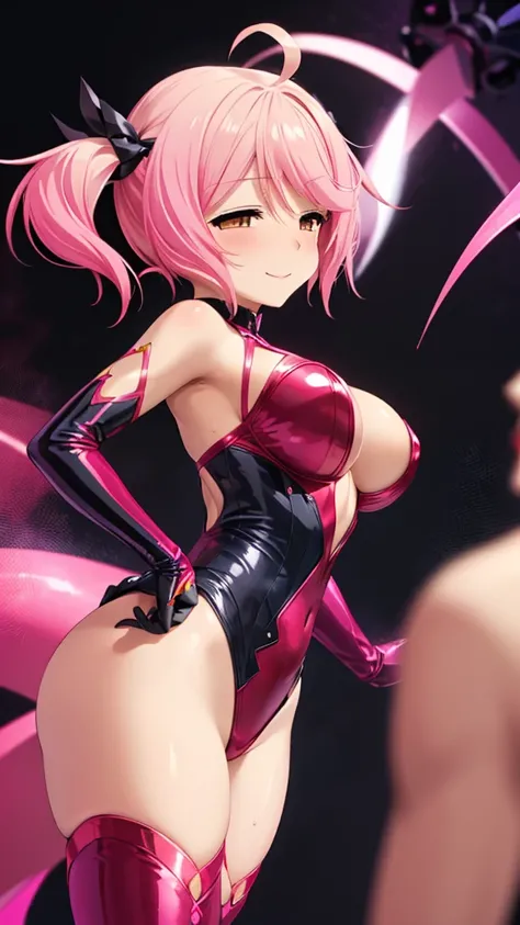 Erotic、Shihodo Narika、Pink Hair、Long twin tails、No sleeve、Shoulder、Super Subaru Flash Ninja Haruka、Cowboy Shot, Red Ninja Leotard, head band, Fishnet bodysuit、Evil female executive、sexy、Evil naughty smile、lure、Alluring、Pitch black background、Dark bedroom a...