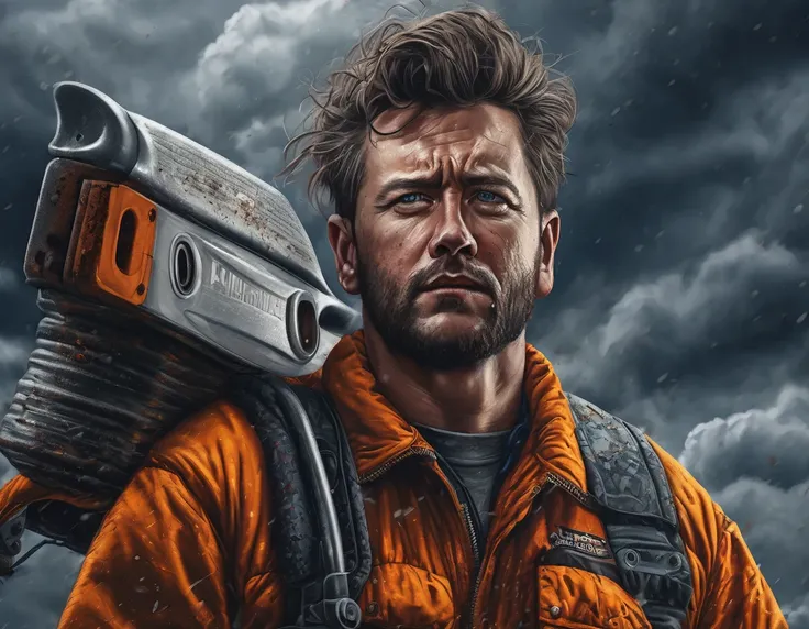 (hyperrealistic), (illustration), (a high resolution), (8 K), (extremely detailed), (best illustration), wear ( Man with a chainsaw ), (beautiful detailed eyes), (Best quality), (ultra detailed), (masterpiece), (wallpaper), (detailed face), Dark, clouds, D...