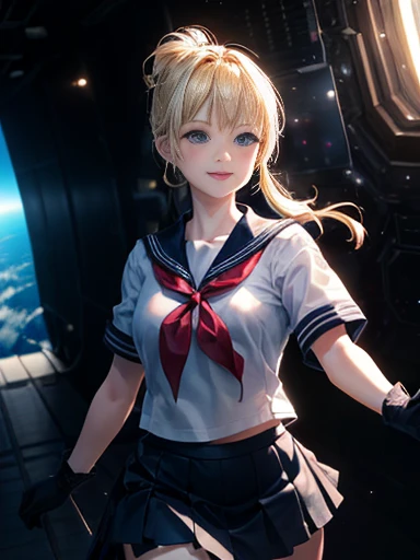 (Highly Detailed CG Unity 8K Wallpaper, masterpiece, Highest quality), (Exquisite lighting and shadows, A very dramatic picture, cinematic lens effects), (Fuku Sailors  : 1.1), Adorable smile, Double Ponytail, blue eyes, Blonde, Tight Top, White gloves, mi...