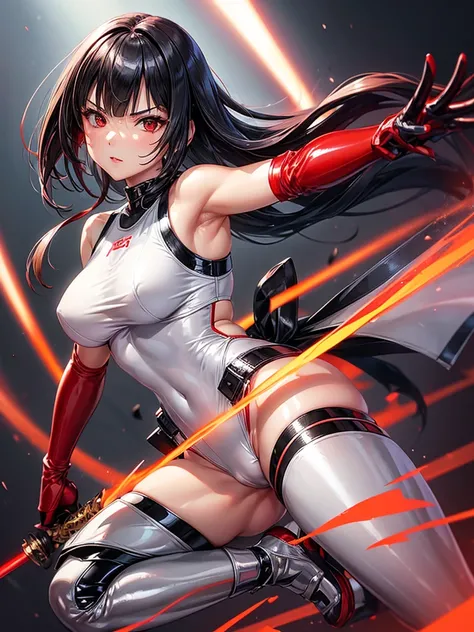 solo girl,Glossy metalic light silver tank top, tight latex shiny, Red interpolation color,Black hair bob,red eyes, camel toe, Samurai Sword,
Lift one leg, sexy lady, โชว์กางเกงใน girl,