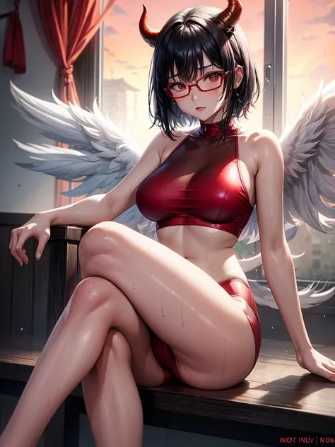 Beautiful girl,Korea, sitting among red light neon,
 18 years old,Short hair, shoulder length,black hair, medium breasts,wet, sweat, camel toe, red lips ,Wear glasses,
White underwear, sexy pose,
 red eyes, spread your legs, กางเกงใน girl, baby face,
Two h...