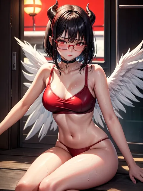 Beautiful girl,Korea, sitting among red light neon,
 18 years old,Short hair, shoulder length,black hair, medium breasts,wet, sweat, camel toe, red lips ,Wear glasses,
White underwear, sexy pose,
 red eyes, spread your legs, กางเกงใน girl, baby face,
Two h...