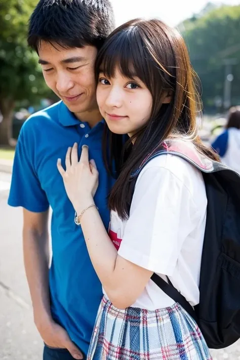 A neat and cute Japanese junior high school girl caresses a middle-aged man&#39;s penis while naked