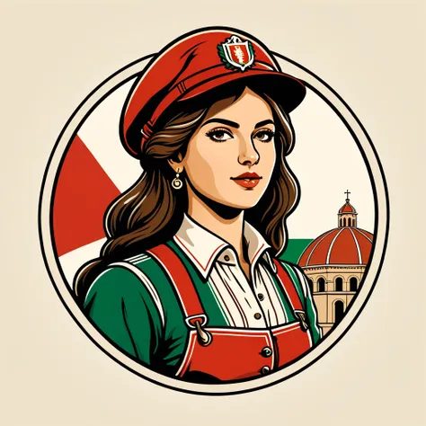 female	engineer	in italian folk outfit	,vector graphics, strong contours, logo design																						