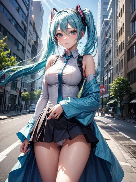 a girl, light blue hair, Hatsune Miku style hair, blue eyes, 20 years old, long navy blue dress, in berlin, modern city, accessories, sculptural body, best quality, masterpiece, busty. ,sexy girl, camel toe, ชุดรัดรูป, โชว์หน้าอก ,โชว์กางเกงใน,