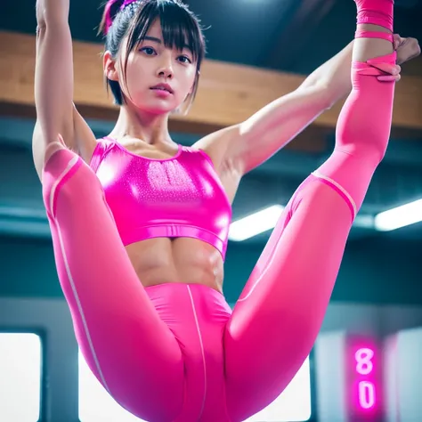 Best quality 8k resolution Ultra detailed Bright neon pink sportswear Serious facial expression Two girls Abs Arms up Very short hair High waisted tights Flat chest Japanese Sharp focus Gymnastics club 27 years old Full body Flexible Very short hair Sweati...