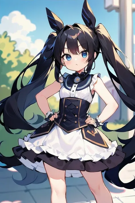 masterpiece, Highest quality, Long Hair, Twin tails, Black Hair, blue eyes, Ruffled Dress, Elbow hand pockets, Outdoor, Hands on hips,