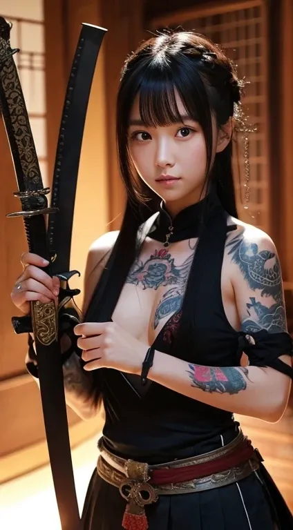 ２０Year、beautiful,、Cute Girls、Warrior、dragon tattoo on arm、Hold the Japanese sword in front of your body、Draw your sword and prepare、Sharp eyes、enemy&#39;The blood is flowing to his cheeks、In the woods、Swordsman、Tattoo of a rose on the chest、blonde、short ha...