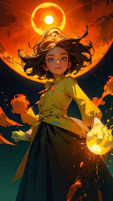 a girl with big eyes and a happy expression is standing on the ground, surrounded by flames, while looking up at an orange sun in the sky. The background behind his head reflects yellow light, and he has green skin. He wears white gloves and holds water dr...