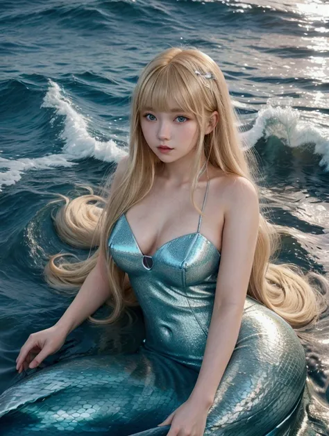 A girl with long blonde hair, short bangs, she is in the middle of the sea waves, Its beauty is stunning, She has a mermaid aesthetic, facefocus,  best qualityer