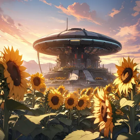 Top quality, masterpiece, high resolution, sunset, advanced civilization, large mechanical shelter facility, sunflowers blooming in nature, futuristic equipment