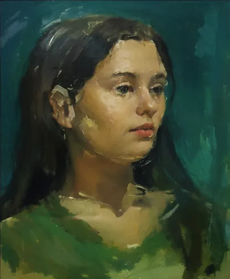 Oil portrait of a young woman, academic painting, bold brush strokes