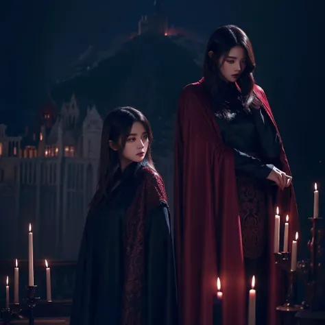  Mysterious Concept - Style: A Korean girl with straight brown hair, She wears a long black and red dress with lace and a velvet cape.. Her makeup is dark and enigmatic..
     - Scenery: An abandoned castle with burning candles and dancing shadows.
Is a kp...