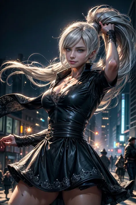 (masterpiece, best quality:1.2), cowboy shot, dynamic pose, weissvale, smile, closed mouth, looking at viewer, long white hair, side ponytail, scar above eye, scar below eye, jewelry, necklace, earrings, in city street (future_urban, crowd, (volumetric lig...