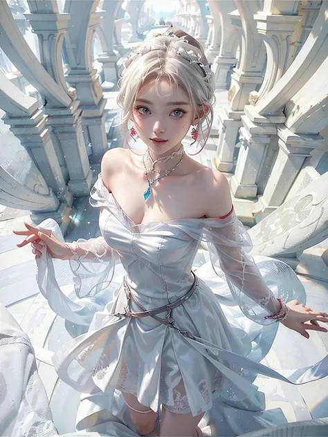 8k,Confused, High resolution, Very detailed, 1 girl, alone, Very beautiful eyes, Ultra-precise depiction, Artistic、Very detailed depiction, (Tangled:1.2), , (White high key background:1.5), (((Red off-shoulder dress 1.5))), 、 short hair、Earrings and Neckla...