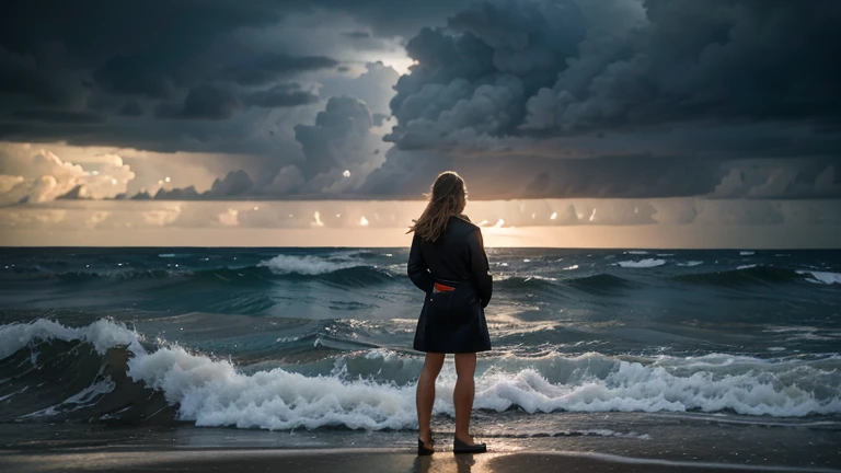 A powerful image of a person standing firm amidst a stormy sea, symbolizing resilience and inner strength, with the characters face calm and composed. "HYPER REALISTIC"