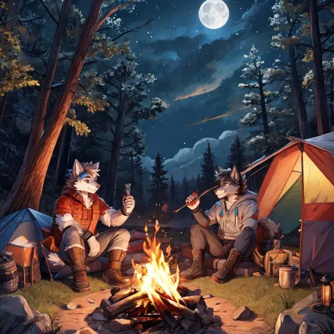 Three wolf anthro man_four cat anthro man_five camping tents_campfire_night forest background_stars_clouds_full moon