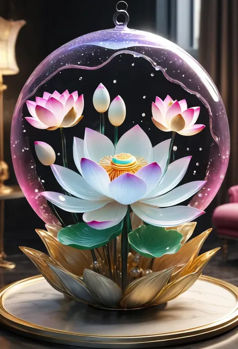 (la best quality,high resolution,super detailed,actual),lotus flower formed from jelly,in the room,christmas decoration,surround...