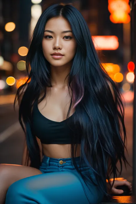 arafed woman with black hair with blue high lights sitting on the beach, flowing  black hair, with long black hair, photo of a beautiful woman, long flowing pink hair, pink golden hour, curly pink hair, beautiful young asian woman, beautiful asian woman, w...