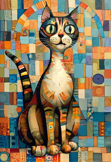 stylized figure. very tall, slender, very long-necked cat with colorful stripes in a geometric pattern, oval head and large slit...