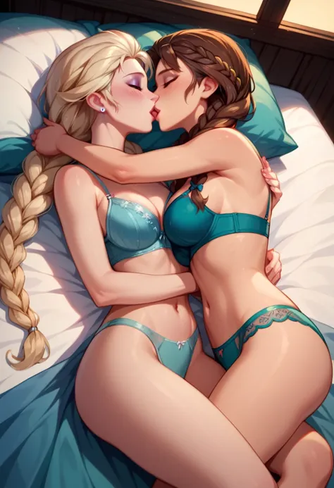 score_9, score_8_up, score_7_up, score_6_up, 2girls, elsa (blonde hair, braid, blue lingerie, navel:1.1) and anna (brown hair, braided pigtails, green lingerie, navel:1.3),, elegant hotel suite, yuri, lovers, in love, they are laying on a large luxurious b...