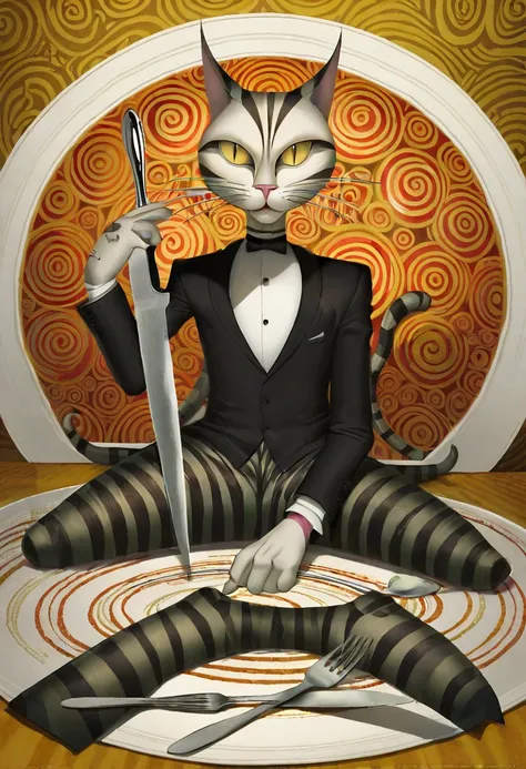 Artistic style by  Bill Carman, Dave Perillo. Stylized figure. very tall, slender, very long-necked cat with colorful stripes in a geometric pattern, oval head and large slit eyes and whiskers, astonished look. he is sitting at a table, holding knife and f...