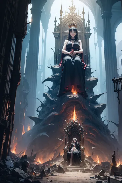 queen、huge body、giantess、hellのqueen、smile、villainess、bad guy、sit in the king's chair、large breasts、black long dress、long black h...