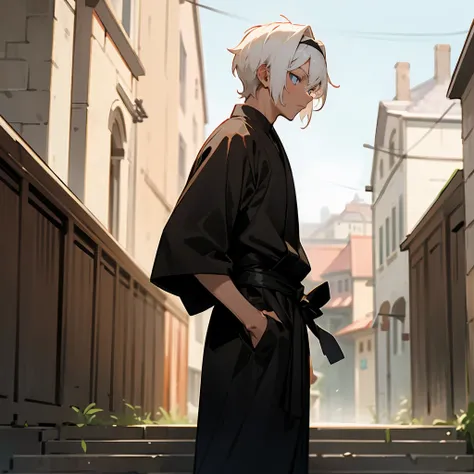 1male, Undercut Hair , Shaggy White Hair , Pale Blue Eyes , Dark Skin , Black Headband , White Ninja Clothing , Calm Expression , Standing On Path , Medieval City Background 