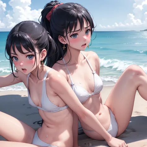 masterpiece、Highest quality、Earrings、White bikini swimsuit、Black Hair、Small breasts、girl、One person、Upper Body、hot、Sweat a lot、Sitting、ponytail、looking at the camera、Ocean、Beach、blush、Embarrassing、Angry、Cross your arms