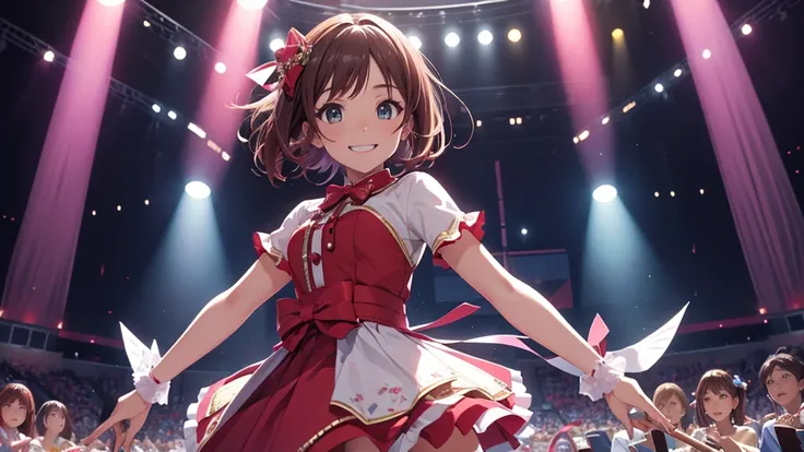 CG, Unity, 8k, wallpaper, Highest quality, masterpiece, One girl, Cheerful girl, 17 years old, Amami Haruka, sing, Please open your mouth wide, Idol Pose, (Bright smile: 1.2), Small symmetrical ribbons on either side of the head, Best lighting, Complex pup...