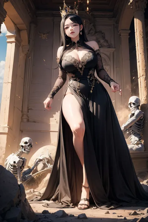 Queen、Huge body、Giantess、hellのQueen、smile、Villainess、Bad guy、Sit in the Kings Chair、Large Breasts、Black long dress、Long black hair、Red eyes、smile、There are lots of skeletons lying on the ground、Rocky cave、lava、hell、Bottom of the Abyss、Low - Angle、Several p...