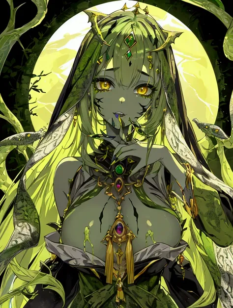 Highest quality, masterpiece, Ultra-high resolution, female、Big Breasts、alienation、Spooky face、Yellow Eyes、Skin covered in green scales、Enlarged lips、jagged teeth、long nails of green color、Crumpled textured skin、Purulent yellow fluid