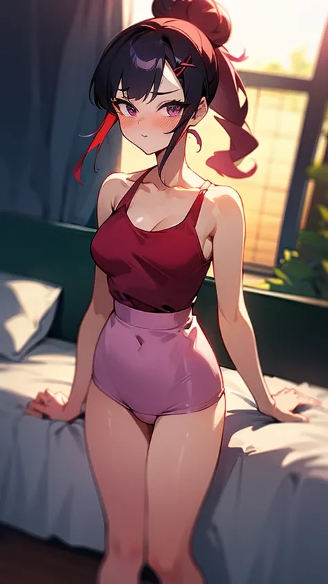 High tail hairstyle, Ponytail hairstyle, Long wavy black hair, standing posing, anime girl style, pixel art anime style,penetrating look with deep eyes,red and purple eyes, hair with a ponytail hairstyle trapped with a big red bun, women, red hair clips, x...