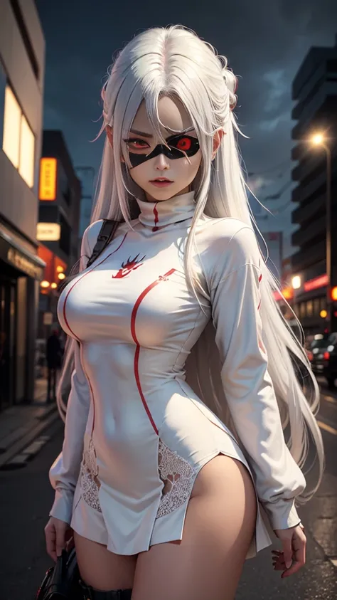 1girl, (solo), anime girl with long white hair and red eyes, girl with white hair, girl in white turtleneck, ((eyepatch)), pointed ears, ((vampire)), smirk, smug, closed mouth, cowboy shot, perfect white haired girl, white haired deity, digital cyberpunk a...