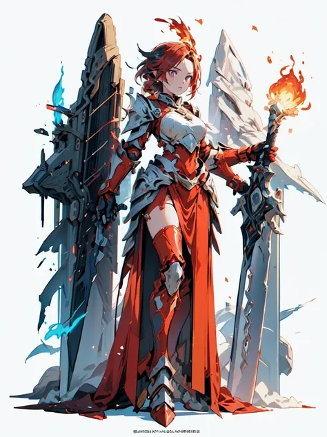 Design a layout showcase Gaming character, (1girl). Gold+Red clothes, fiery and majestic, ((showcase weapon:1.4)), flame whip, (masterpiece:1.2), (best quality), 4k, ultra-detailed, (Step by step design, layout art:1.5), (flaming lighting, fiery setting), ...