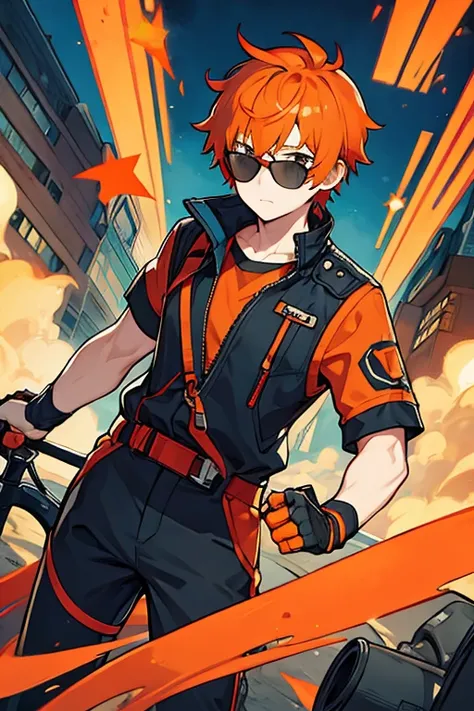 man, short orange hair, red bandage on head, Sunglasses, black shirt, blue jacket, Film-maker 